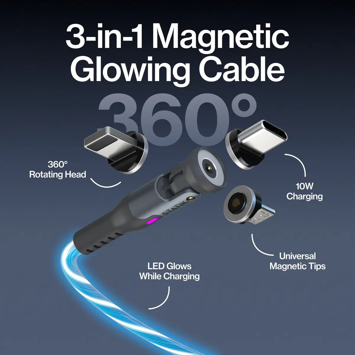 Globright 360: Universal Magnetic Charge Cable | 5-In-1 | LED Glow | 360° Rotating Head | Compatible with Most Mobile Phones & Electronic Devices